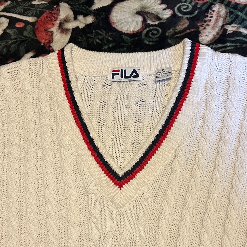 Fila Men's White V-Neck Sweater with Red and Black Accents